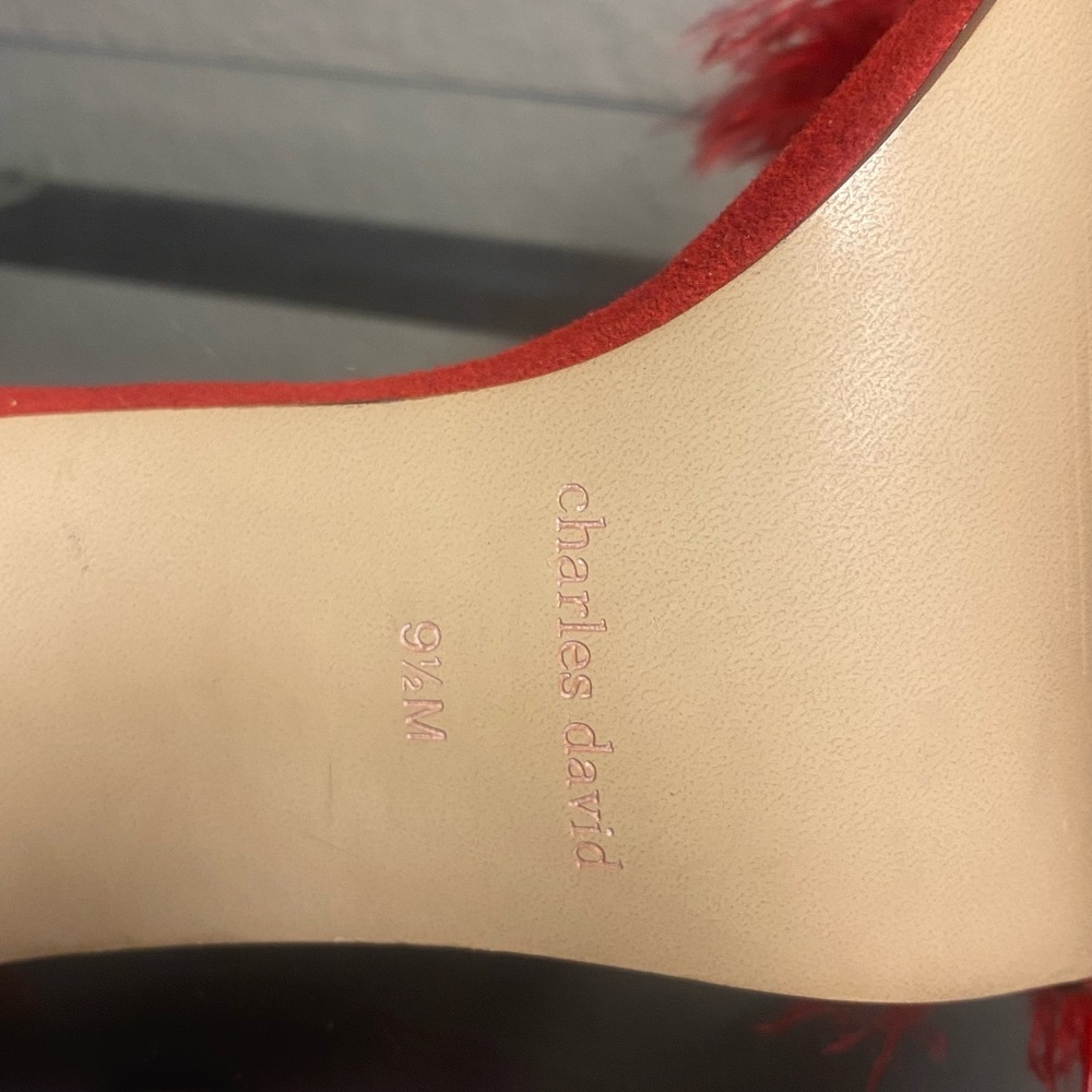 CHARLES DAVID Red Feathered Heels - Picture 11 of 11